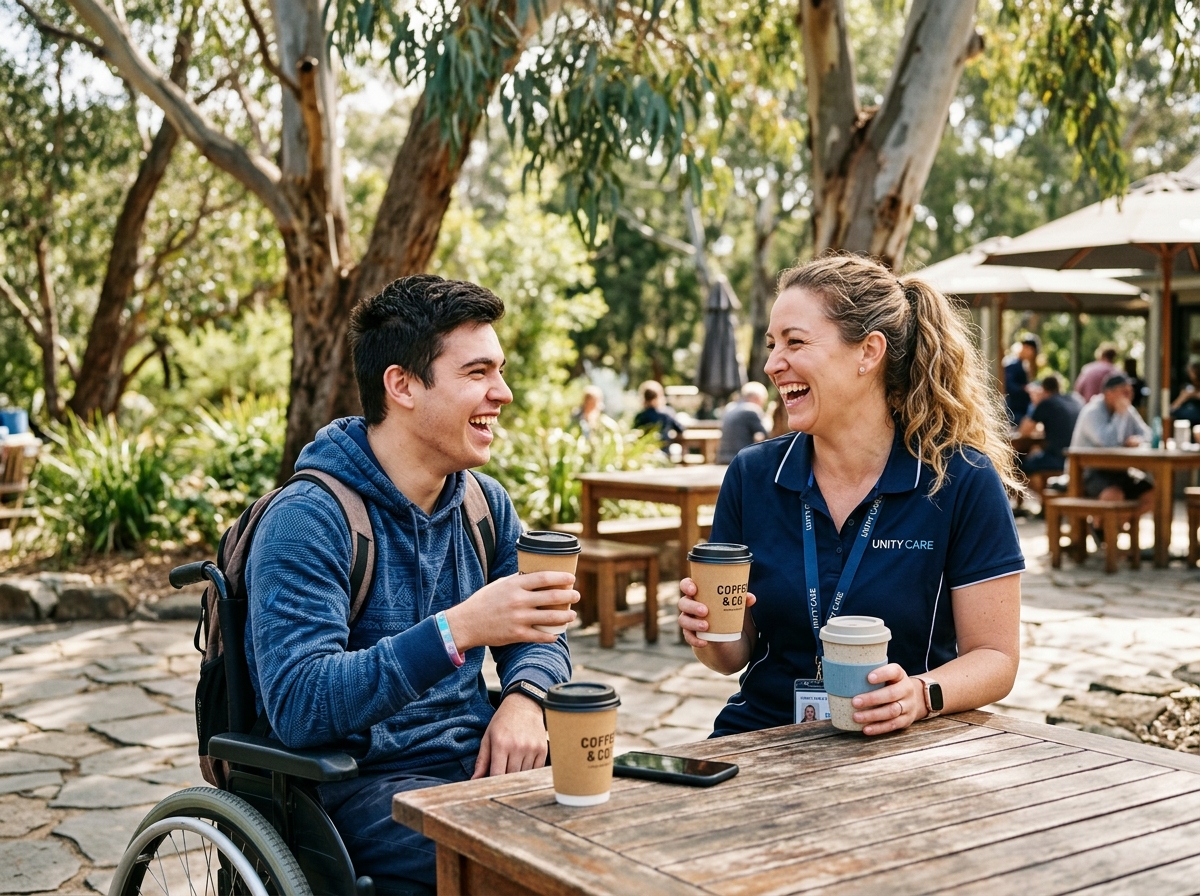 Support worker and participant laughing together over coffee at an Australian park cafe
