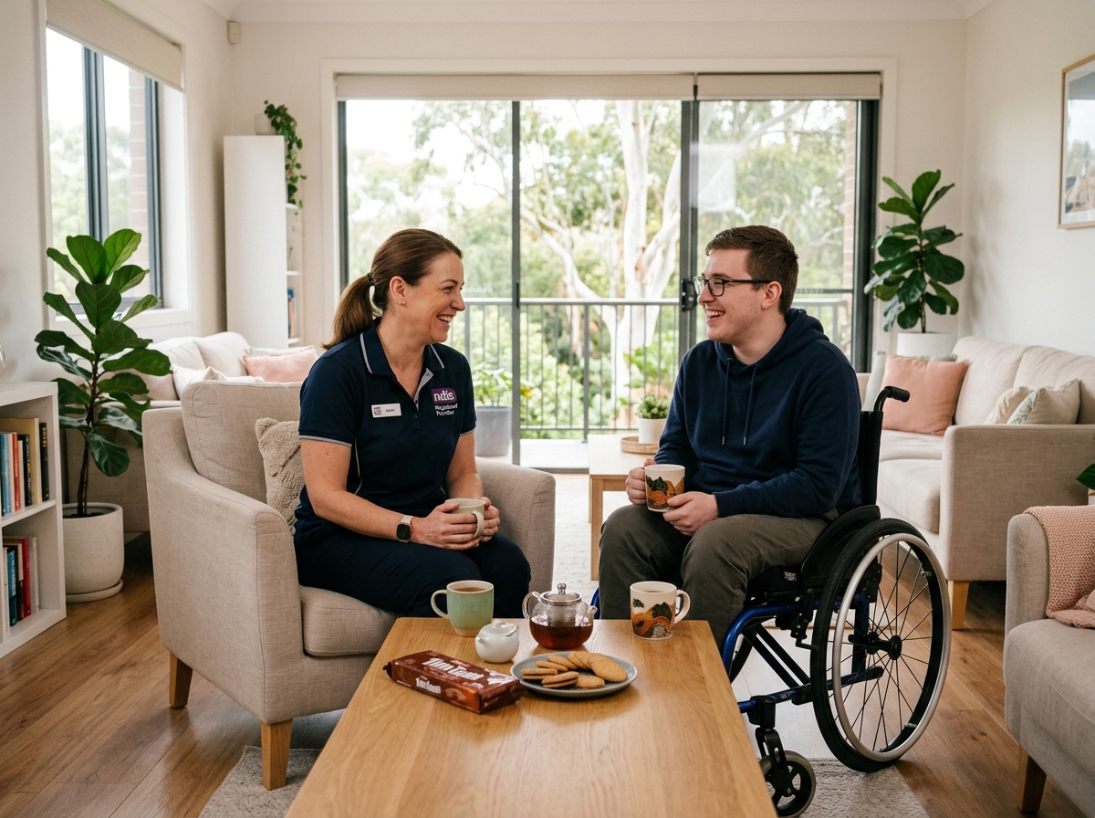 Anew Living & Care support worker sharing tea and conversation with a happy participant in an accessible home